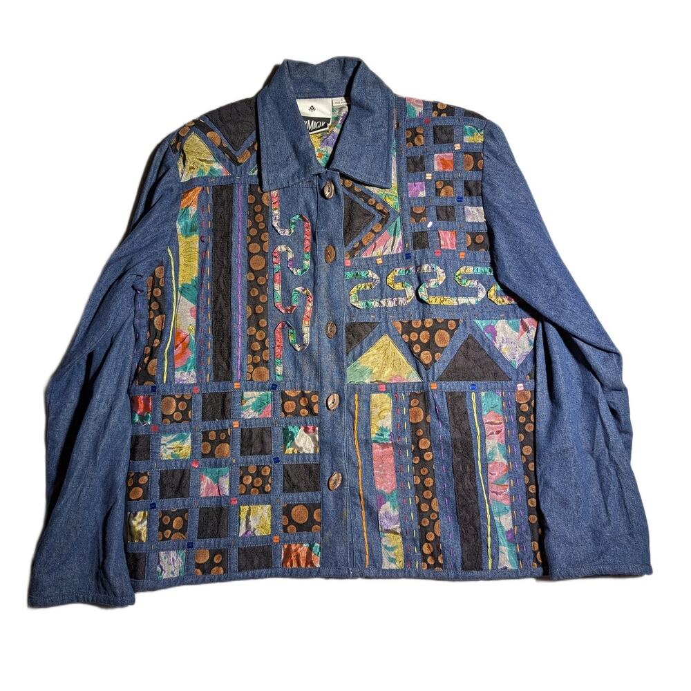 Vtg Y2K Yak Magik Blue Cotton Denim Patchwork Button Up Oversized Jacket Sz S